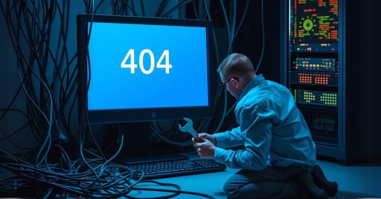 Troubleshooting common web hosting issues, a technician fixing a 404 error on a monitor in a server room with tangled cables.