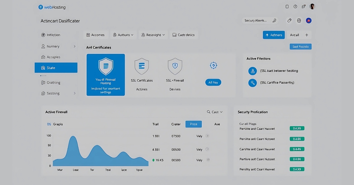 Web hosting dashboard displaying firewall and SSL certificate settings, helping secure your website from hackers with advanced security tools.