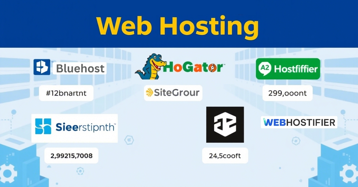 Best Web Hosting Services: Popular hosting providers like Bluehost, HostGator, SiteGround, A2 Hosting, and WebHostifier displayed in an infographic.