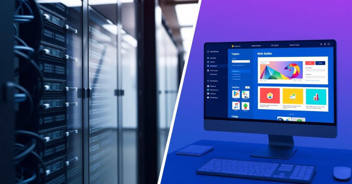 Comparison of web hosting infrastructure and website builder interface showcasing the differences in Web Hosting vs Website Builders