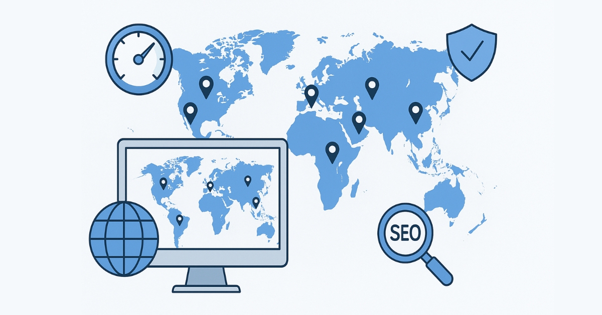 Visual representation of server locations impacting SEO with global map, SEO icons, and server location markers for optimized site speed and user experience.