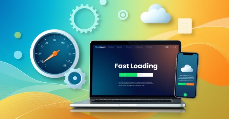 Graphic showing fast loading website features, including cloud storage and speedometer, helping reduce website downtime.