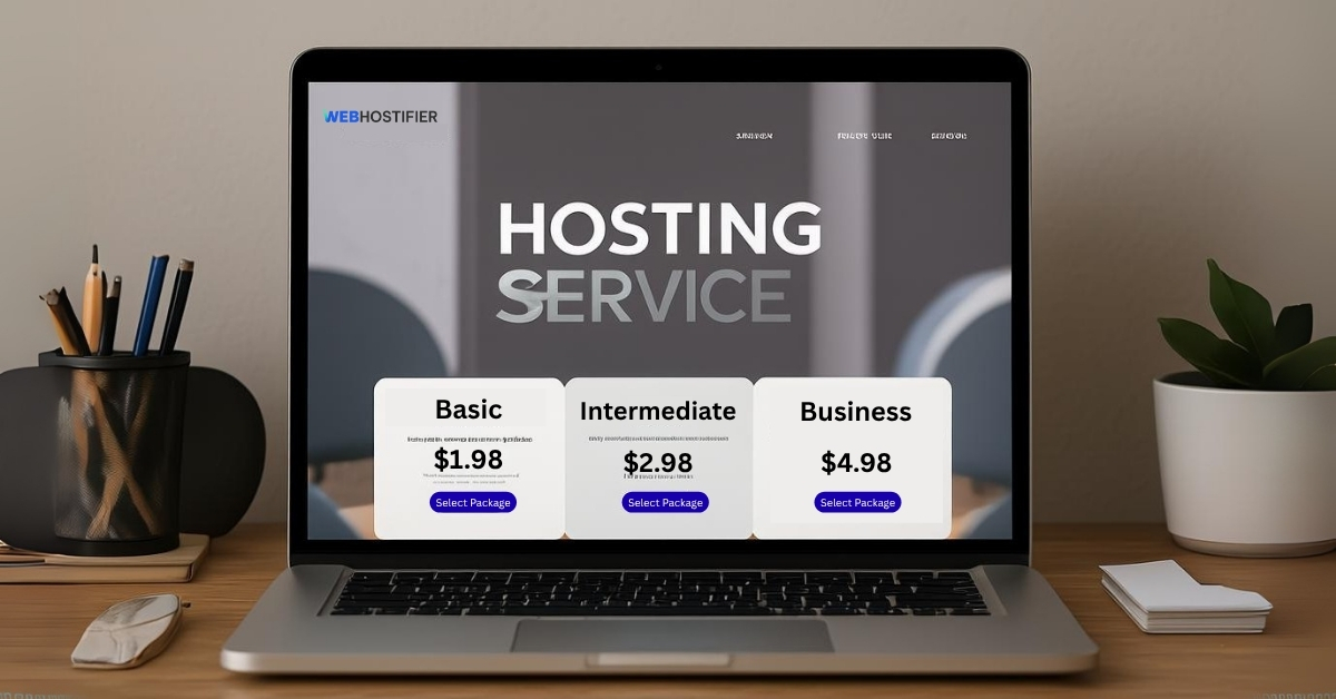Cheapest website hosting packages displayed on Webhostifier's website with Basic, Intermediate, and Business plans.