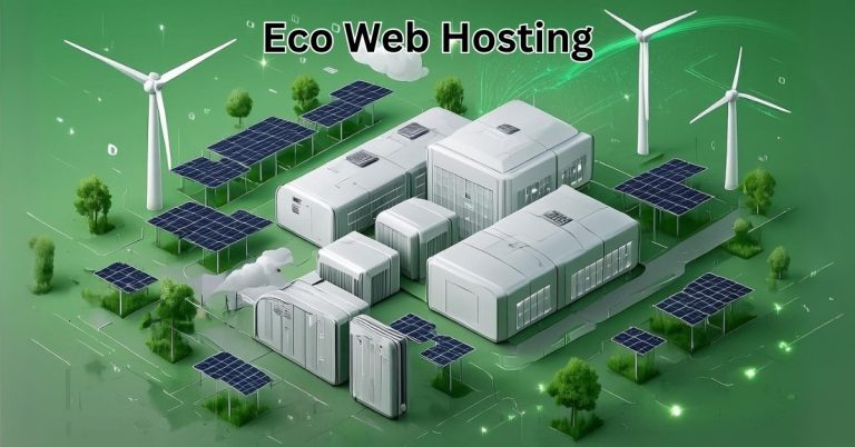 Eco Web Hosting with solar panels and wind turbines in a modern, green-powered data center.