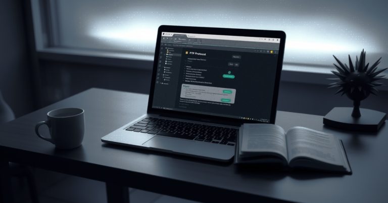Image showing a laptop on a desk displaying an FTP protocol interface, ideal for FTP for website management with a coffee cup and book nearby.