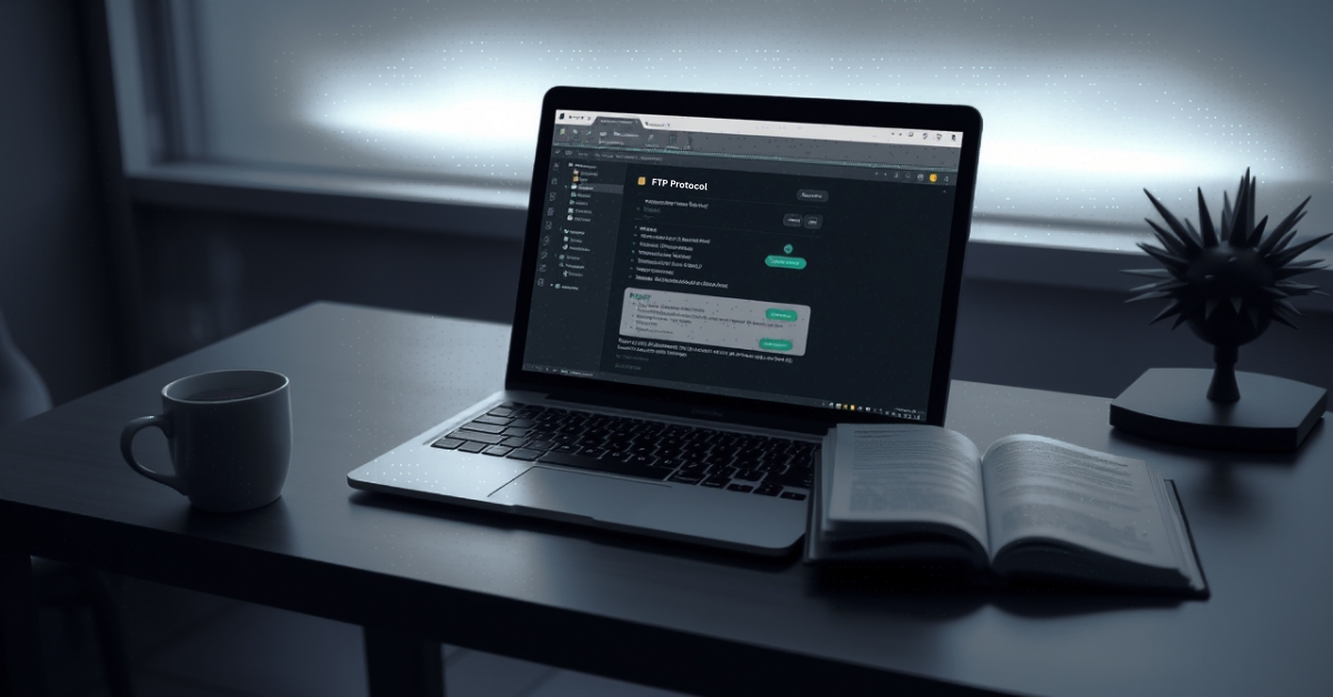 Image showing a laptop on a desk displaying an FTP protocol interface, ideal for FTP for website management with a coffee cup and book nearby.