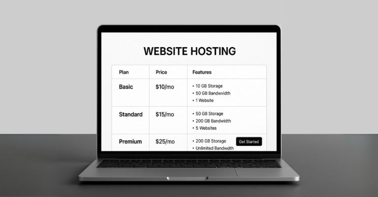 Website hosting pricing comparison for Basic, Standard, and Premium plans showing features like storage and bandwidth for each plan. How much is website hosting?