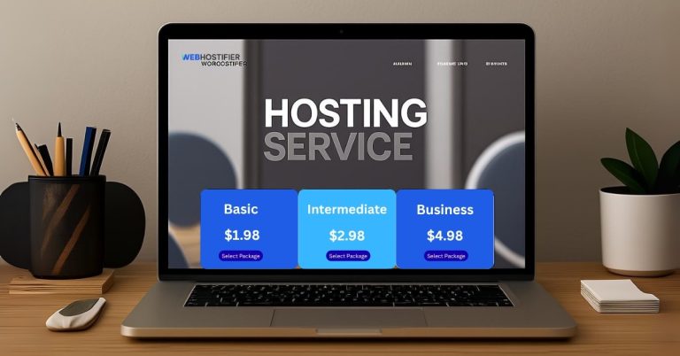 Unlimited Web Hosting in 2025 options with Webhostifier's Basic, Intermediate, and Business plans displayed on a laptop screen.