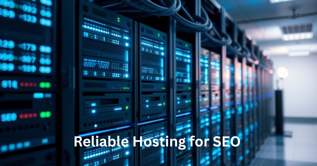 Server racks with blue lights highlighting the importance of reliable hosting for SEO, emphasizing how changing website host affect SEO by improving uptime.