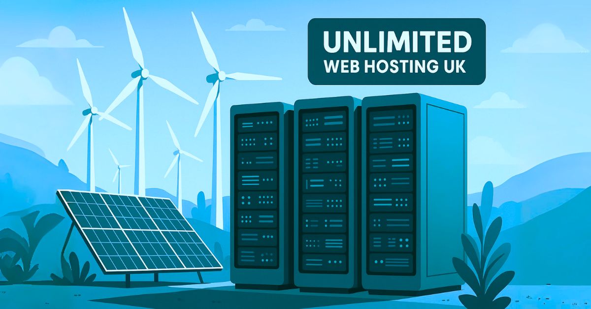 Unlimited web hosting UK with renewable energy sources like solar panels and wind turbines.