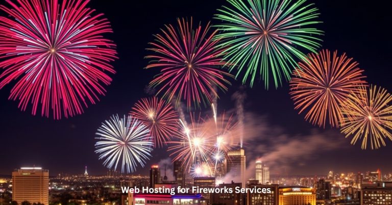 Colorful fireworks lighting up the night sky over a city skyline, representing web hosting for fireworks services.