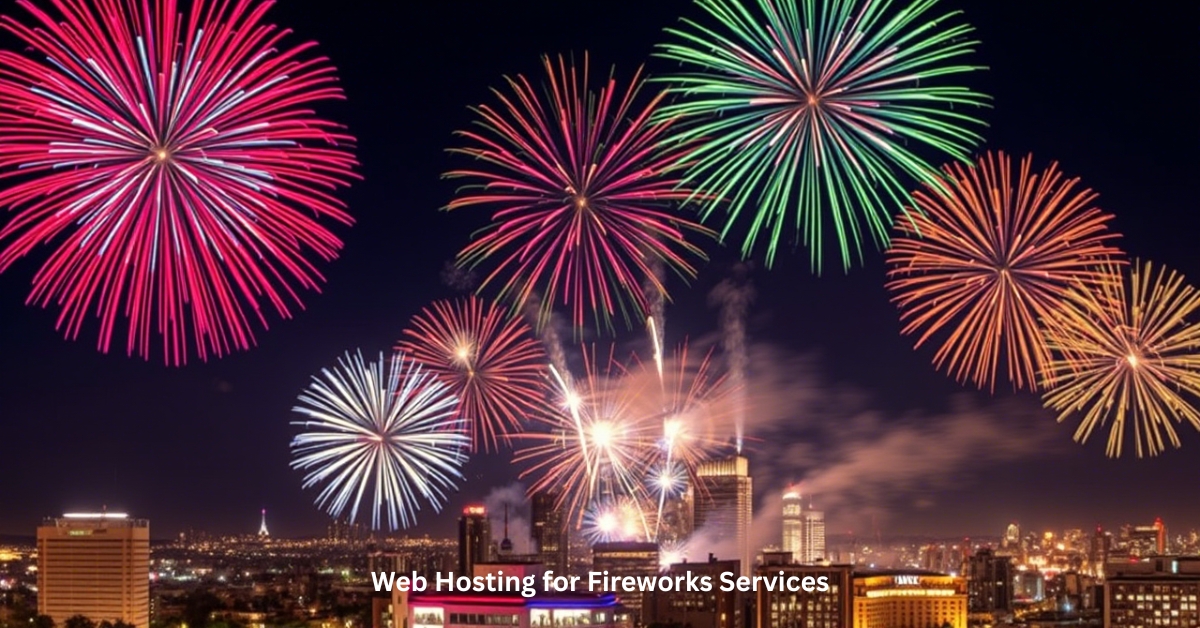 Colorful fireworks lighting up the night sky over a city skyline, representing web hosting for fireworks services.